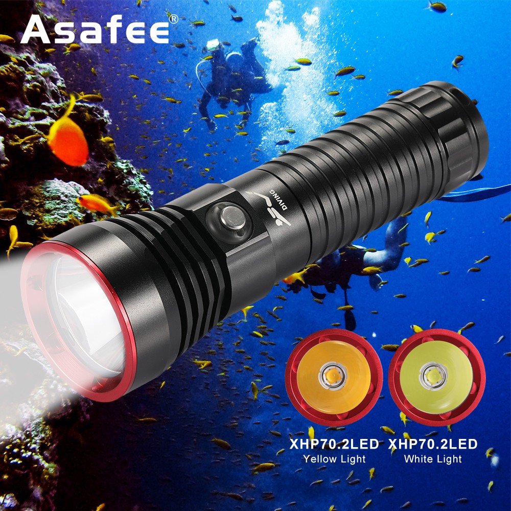 Asafee ไฟฉายดําน้ํา A17S สีเหลือง/สีขาว P70 LED เซ็นทรัลสวิตช์กันน้ําระยะลําแสง 300m ใช้ 1*26650 IPX-8 ตกปลาดําน้ํากันน้ํา