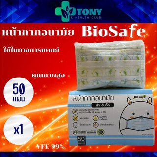 ผ้าปิดจมูก Bio Safe ไบโอเซฟ สำหรับเด็ก 2-4 ขวบ สีฟ้า Size S ลายการ์ตูน 50แผ่น