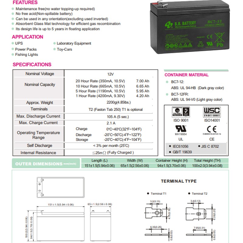 BB Battery UPS แบตเตอรี่ยูพีเอส แบตเตอรี่แห้ง 12v7ah (12v28w) รุ่น BC7 ...