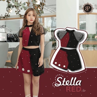 BP Brand : Stella red set ชุดเซทเสื้อ+กระโปรง แดงดำ