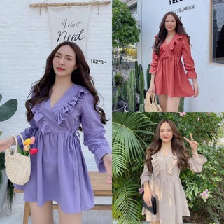 👗Pfashion [ส่งไว!!🚛] P15278 เดรสคอวีระบายแขนยาวผูกเอว