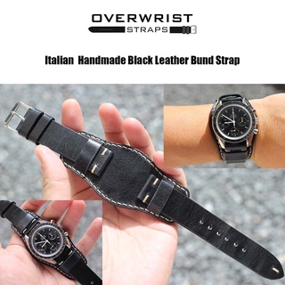 สายนาฬิากา สายหนังวัวแท้ overwrist italian handmade black leather bund strap