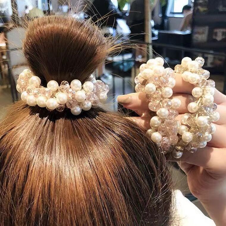 ยางรัดผมถักเปียไข่มุกคริสตัล แฟชั่นสําหรับสาว พร้อมแหวนผม