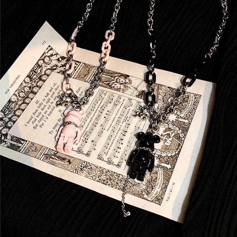 COCOJEWELRY ใหม่ สร้อยคอพู่ จี้หมี สีชมพู สีดํา สไตล์ฮิปฮอป สําหรับผู้หญิง