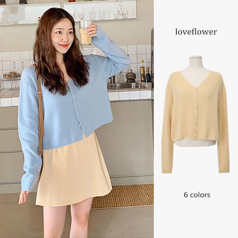 love flower เสื้อคาร์ดิแกน แขนยาว ลายดอกไม้ สไตล์เกาหลี คาร์ดิแกนแขนยาว
