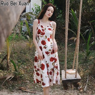 Ruo Bei Xuan ฝรั่งเศสชุด Midi ดอกไม้ลื่นชุดแขนกุดออกแบบชุดเล็ก