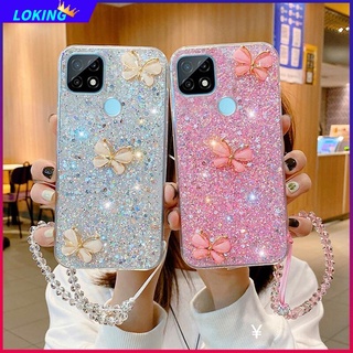 เคสโทรศัพท์มือถือ แบบนิ่ม ลายผีเสื้อ 3D ประดับกลิตเตอร์ พร้อมสายคล้องคริสตัล สําหรับ Realme C35 C25Y C21Y C25 C25S C21 C20 C17 C15 C12 C11 C3 C2