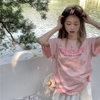 [พร้อมส่ง] เสื้อยืดแขนสั้น ความยาวปานกลาง ทรงหลวม ขนาดเล็ก สีชมพูหวาน สไตล์เกาหลี