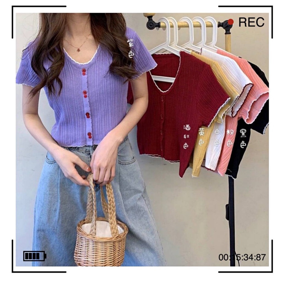 🌿SHOP MKLเสื้อครอปไหมพรมคอกลม สไตล์เกาหลี เเต่งกระดุม #A111