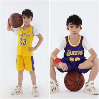 ชุดกีฬาเด็กโต ชุดบาสเด็ก คอกลม แขนสั้น ลาย laker สีเหลือง / น้ำเงิน