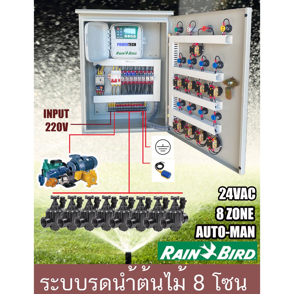 Rain bird ระบบรดนำ้ต้นไม้ อัตโนมัติ 8โซน อินพุด 220V และ 380Vควบคุมวาล์ว 8 ตัว ตู้ชนิดกันนำ้ คุมปั๊มนำ้ให้ทำงานอัตโนมัติ