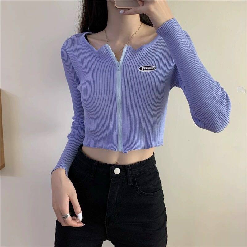 เสื้อไหมพรมแขนยาว ซิบหน้า ใส่สบาย ผ้านิ่ม Long sleeve knitted cardigan มีให้เลือก 5 สี ฟรีไซส์