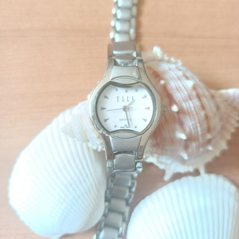 นาฬิกาแบรนด์เนมฝรั่งเศสELLEหน้าปัดสีขาว สายสแตนเลสสีดำของแท้ มือสองสภาพสวย