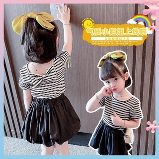 Western style girls short-sleeved T-shirt summer 2021 new childrens baby girls cotton striped backless top summer fashion