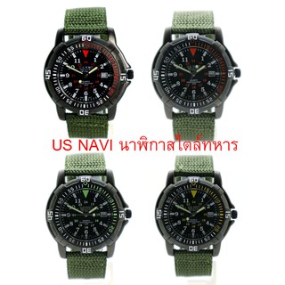 นาฬิกา US Navi (Commandos) นาฬิกาดีไซร์ทหาร สายผ้า/Nano/สีเขียวขี้ม้า ทรงกลม ระบบเข็ม(พรายนำ้/เรืองแสง) มีวันที่