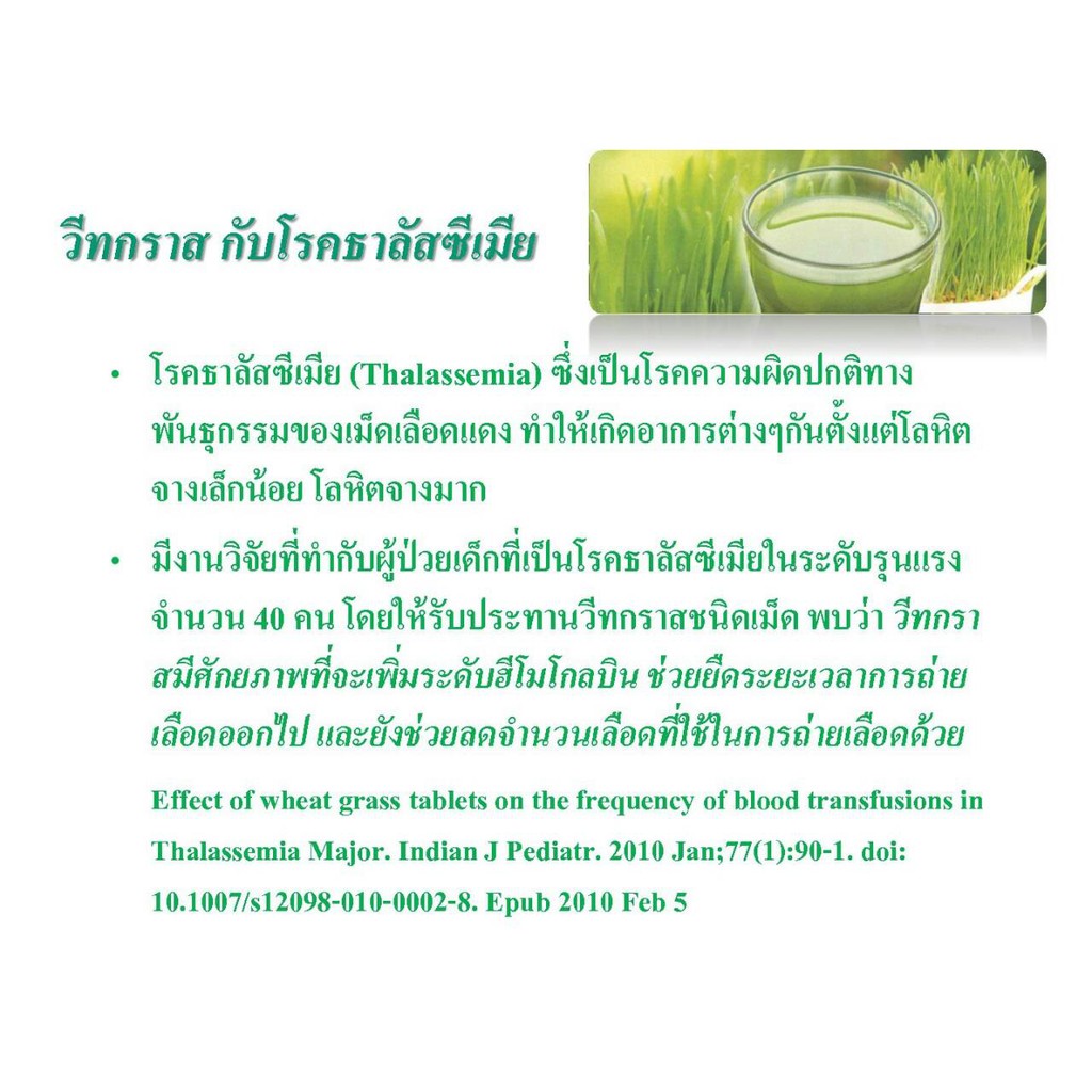 วีทกราส ภาวะโลหิตจาง ธาลัสซีเมีย ต้นอ่อนข้าวสาลี ใบอ่อนข้าวสาลี มีวิตามิน เอนไซม์ มีฤทธิ์เป็นสารต้านอนุมูลอิสระ
