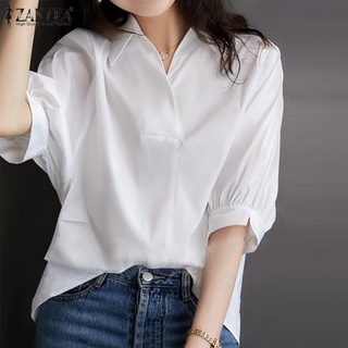 ZANZEA Women Simple Casual Half Sleeve Lapel Solid Button Down Retro Blouse