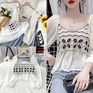 สินค้าพร้อมส่ง เสื้อถักแต่งชายผ้ากับแขนชีฟองสีพื้นแฟชั่นเกาหลีสำหรับผู้หญิง GZSX26