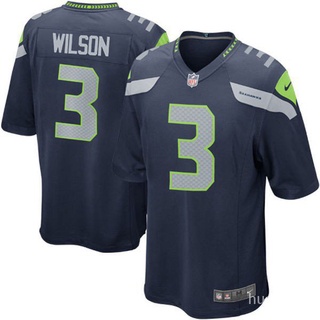 Nfl Seahawks รองเท้าผู้ชาย #3 เสื้อกีฬาฟุตบอล ลายทีม Russell Wilson สีฟ้า สีเทา สีขาว