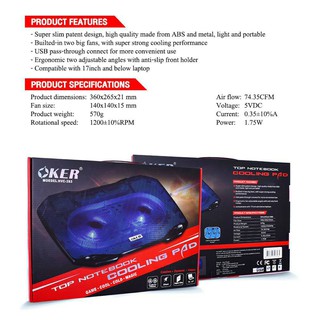 Oker HVC-393 Cooling Pad พัดลมรองโน๊ตบุ๊ค พัดลมระบายความร้อน Notebook Cooler Pad ใหญ่2พัดลม