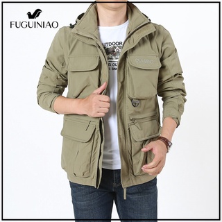 Fuguiniao ใหม่ เสื้อแจ็กเก็ต มีฮู้ด ทรงหลวม สไตล์เรโทร สําหรับผู้ชาย (M-4XL)