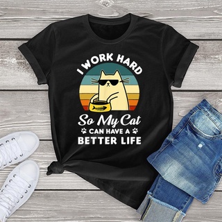 เสื้อยืด ผ้าฝ้าย ทรงหลวม พิมพ์ลายกราฟฟิคแมว 90S I Work Hard So My Cat Can Have A Better Life สีส้ม สําหรับผู้หญิง