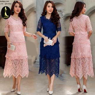 kudapy ชุดเดรสยาว ผ้าลูกไม้ สีชมพู/สีน้ำเงิน แขนสั้น คอวี กระโปรงทรงเอบานโชว์ลายลูกไม้