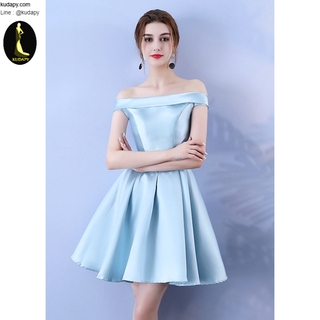 Mini Dress ชุดราตรีสั้นทรงปาดไหล่กระโปรงบานสีฟ้า