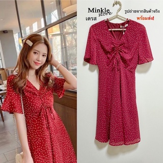 พร้อมส่ง ✅ เดรส สีแดง ลายจุด ชุดกระโปรง 📣🧡🔷✨ Polka Dot Sleeve Dress เดรสสไตล์เกาหลี เดรสงานป้าย เดรส แขนสั้น ชุดทำงาน