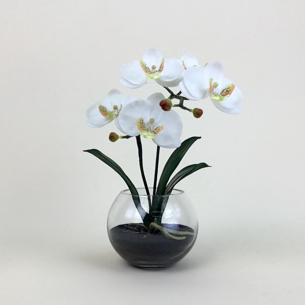 แจกันดอกไม้ประดิษฐ์ ดอกกล้วยไม้สีขาวจัดในแจกันแก้วทรงกลม - รูปที่ 4