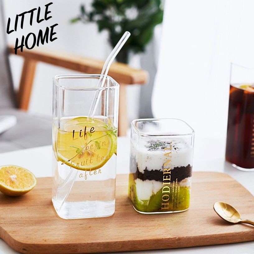 LITTLEHOME แก้วน้ำ แก้วกาแฟ ทรงเหลี่ยม ขนาด 200 - 400 ml สามารถเข้าไมโครเวฟได้ แก้วใส​ (A6)