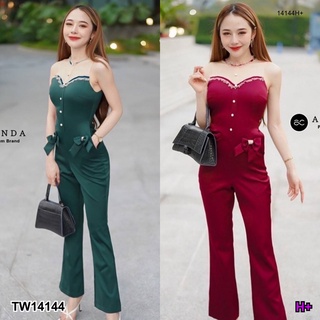 PP14144 Jumpsuit ขายาว ตัดต่อหน้าอก ทรงขากระบอก