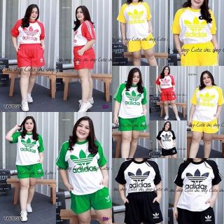 Set2ชิ้น BigSize เสื้อ คอกลม แขนสั้น ตีแถบ3เส้น มาคู่กับ กางเกง ขาสั้น