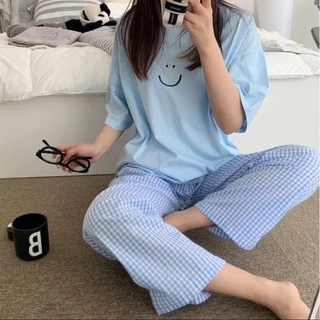 Cicishop SALE(C2096)ชุดเช็ตเสื้อยืด+กางเกงขายาวลายสก๊อต ใส่เล่นใส่นอนก็ได้ ผ้าใส่สบาย