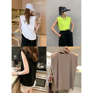 🐄ฟรีไซร์ เสื้อยืดผู้หญิงแขนกุดเสริมบ่า Oversize สไตล์เกาหลี ทันสมัยที่สุด เสื้อผ้าวัยรุ่นแฟชั่น ผ้าคอตตอน100% สีพื้น