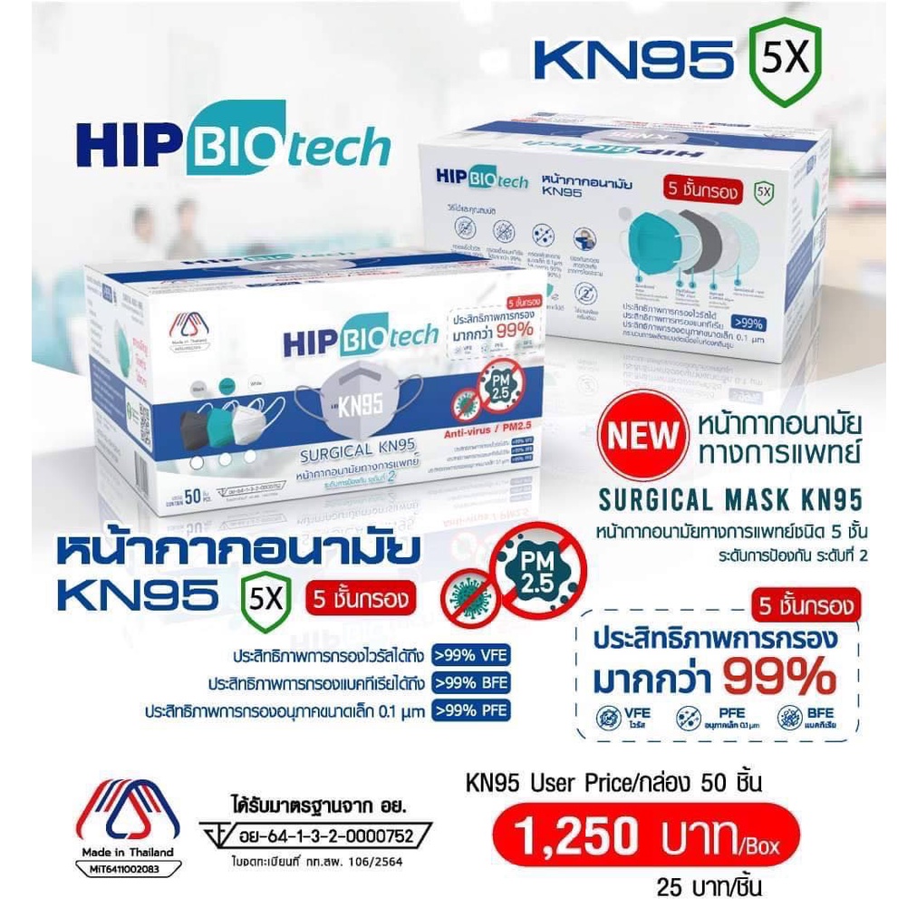 รุ่นใหม่ หน้ากากอนามัย KN95 Hip Biotech หน้ากากอนามัยทางการแพทย์ SURGICAL MASK KN95