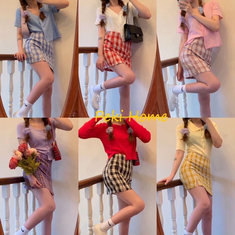 กระโปรงทรงเอลายสก๊อต รุ่น1001 ทรงยอดฮิตของสาวๆ หลากหลายสี สไตล์เกาหลี