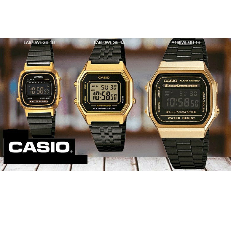 (casio) นาฬิกาข้อมือ กันน้ำ100%  ผู้ชายและผู้หญิง รุ่น A168WG-9W นาฬืกา สายเหล็ก ดำทอง นาฬิกาผู้หญิง