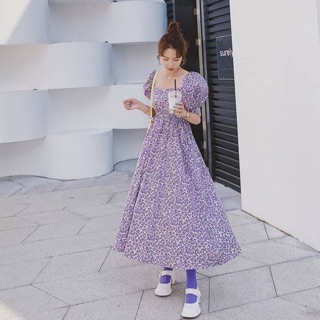 เดรสยาว โทนม่วง ลายดอกไม้เล็กๆ ☂️☂️