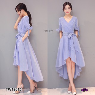 PP12615 Dress เดรสลายริ้วหน้าสั้นหลังยาว + สายผูกเอว