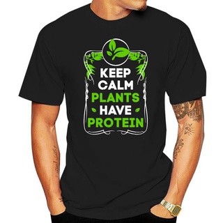 เสื้อยืดลําลอง ผ้าฝ้าย แขนสั้น คอกลม พิมพ์ลาย Keep Calm Plants Have Protein Vegan Vegetarian แฟชั่นสําหรับผู้ชาย และผู้ห