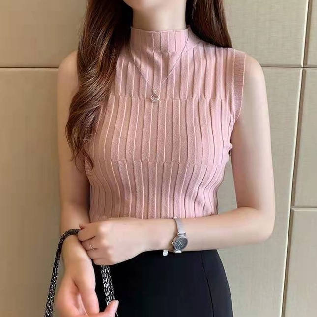 anna🍭 476 เสื้อท็อปแขนกุด ชนิดผ่าแขน ผ้าไหมพรม คอเต่า สีสวย ผ้าบาง ใส่สบาย ยืดตามตัว ผ้าไหมพรมแขนสั้น - รูปที่ 5