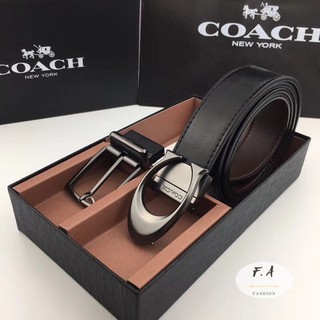 F.A (ของแท้ 100%) COACH 64095 เข็มขัดผู้ชายใหม่ / หนังวัวสองสี / ใช้สองด้าน / หัวเข็มขัดคู่ / ความยาวสามารถปรับแต่งได้