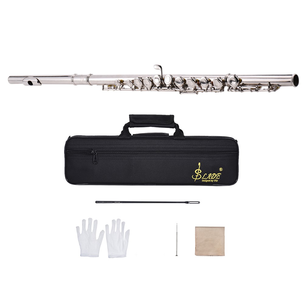 New Western Concert Flute Silver Plated 16 Holes C Key Cupronickel Woodwind Instrument with Cleaning