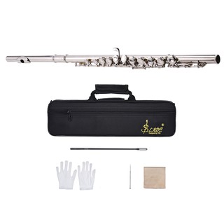 New Western Concert Flute Silver Plated 16 Holes C Key Cupronickel Woodwind Instrument with Cleaning Cloth Stick Glove