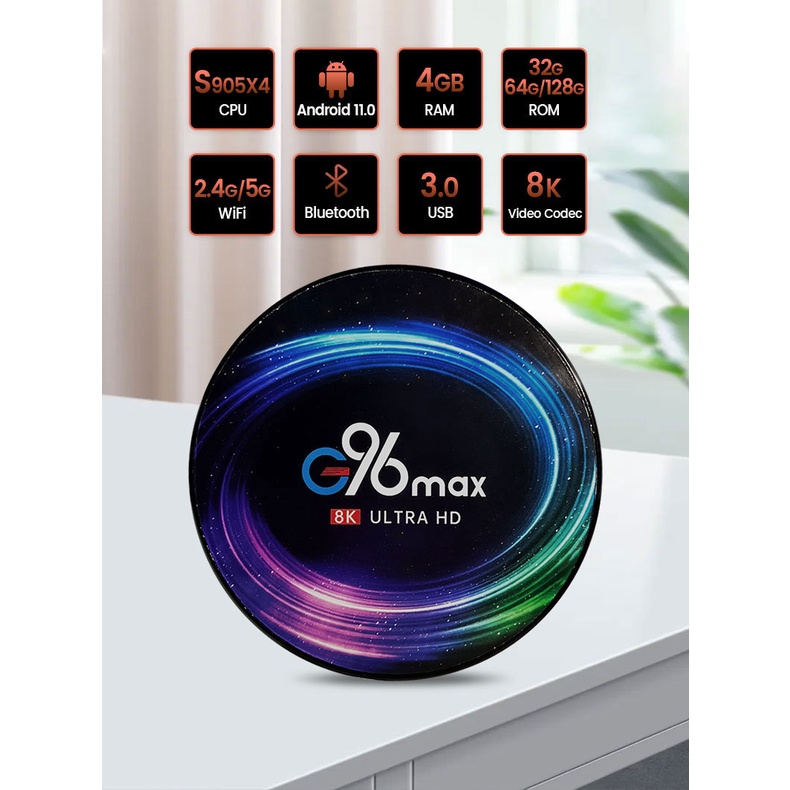 G96 MAX @8K Ultra HD Ready! กล่องแอนดรอยด์ทีวี(Android TV Box) ขนาดความจุ RAM 4GB/ROM 32GB เร็วสุดนาทีนี้ด้วยชิป S905X4