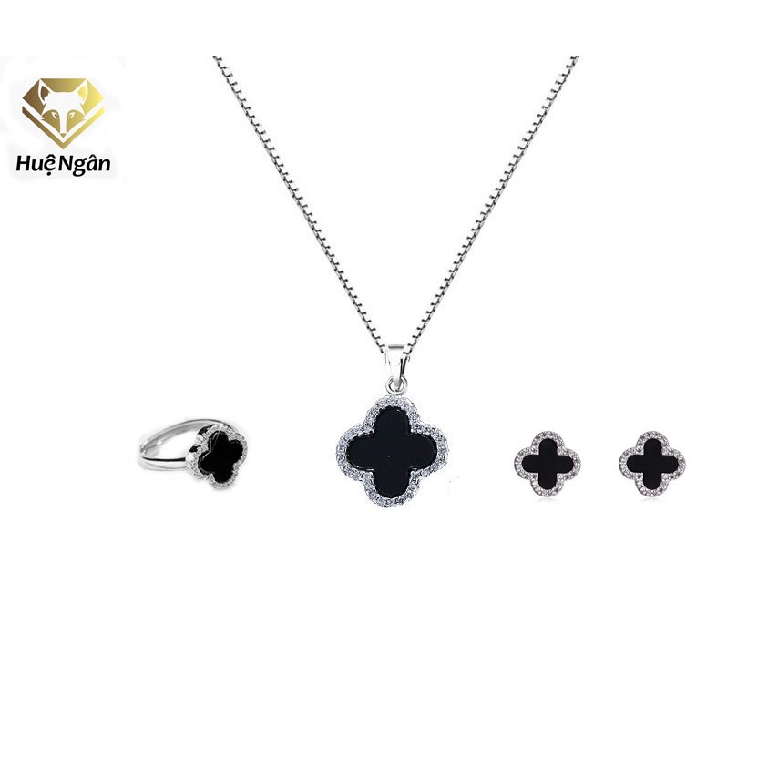 925 Hue Ngan สร้อยคอเงินอิตาลี ชุดเครื่องประดับแหวนและต่างหู - Lucky four-leaf clover PP1511-RYE1409