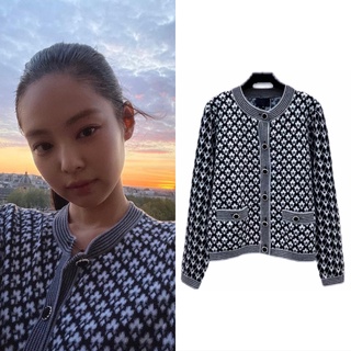 Blackpink Jennie เสื้อแจ็คเก็ตคาร์ดิแกนผ้าถักลายเรขาคณิตสําหรับผู้หญิง