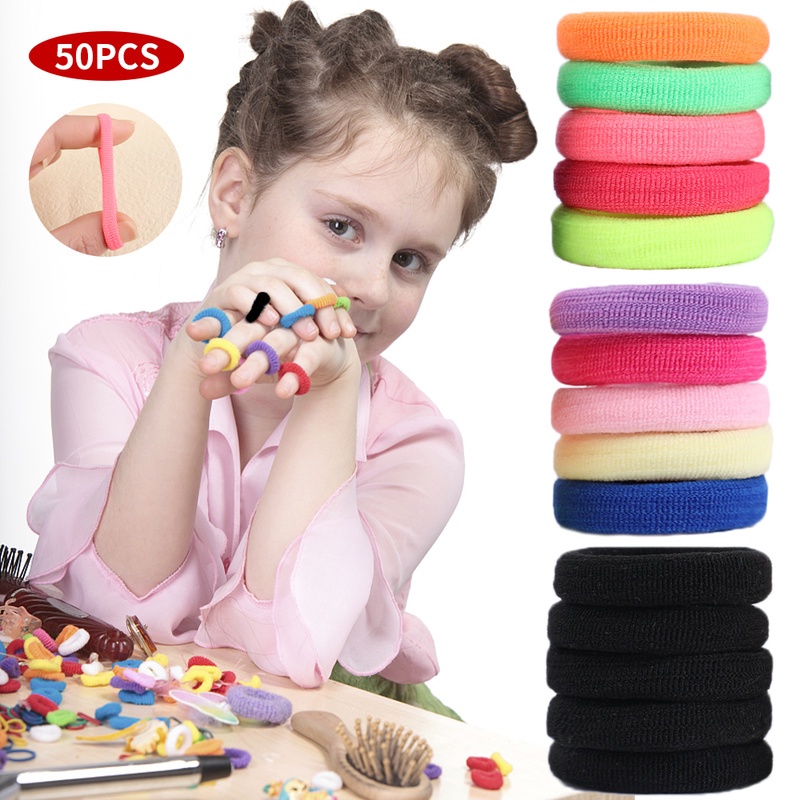 ยางรัดผม แบบยืดหยุ่น สีรุ้ง เรียบง่าย และทนทาน สําหรับเด็ก 50 100 ชิ้น