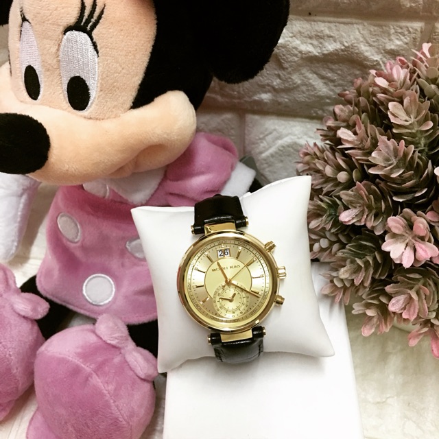 ⌚️นาฬิกาคุณผู้หญิง  MICHAEL KORS LADIES SAWYER CHRONOGRAPH WATCH (MK2433) สายหนังสีดำ หน้าปัดสีทองขน